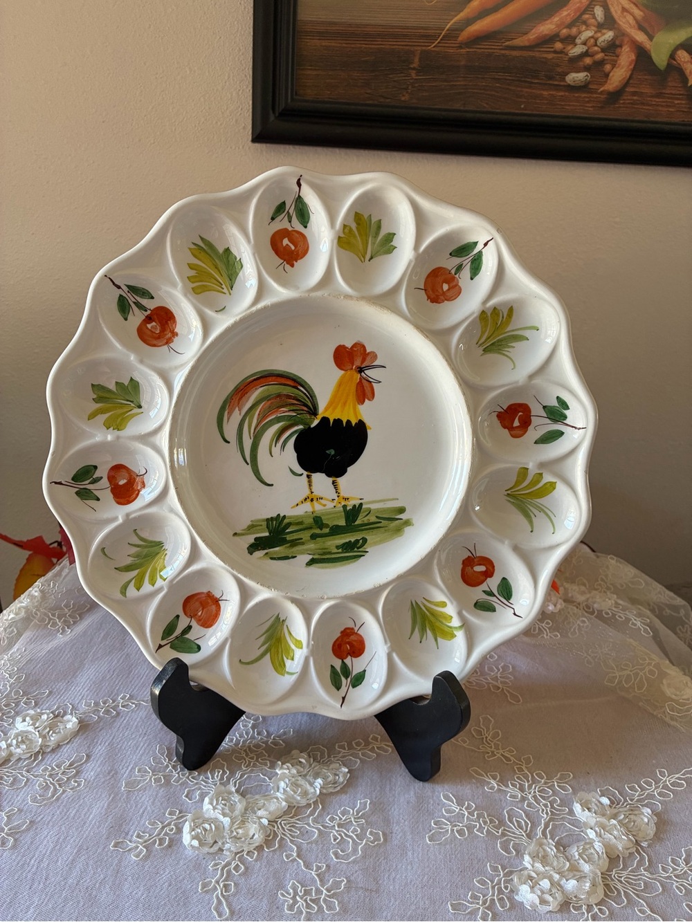 Hand-Painted Rooster Egg Serving Platter - White with Multicolor Rooster